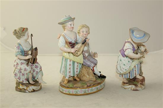 Two Meissen figures and a similar group, 19th century, 12.5cm, some damage